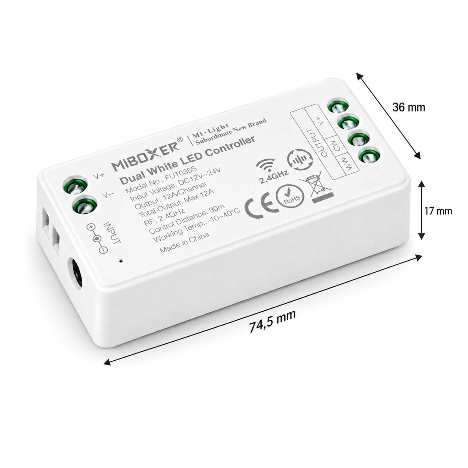 MiBoxer FUT035S – wymiary 74,5 × 36 × 17 mm