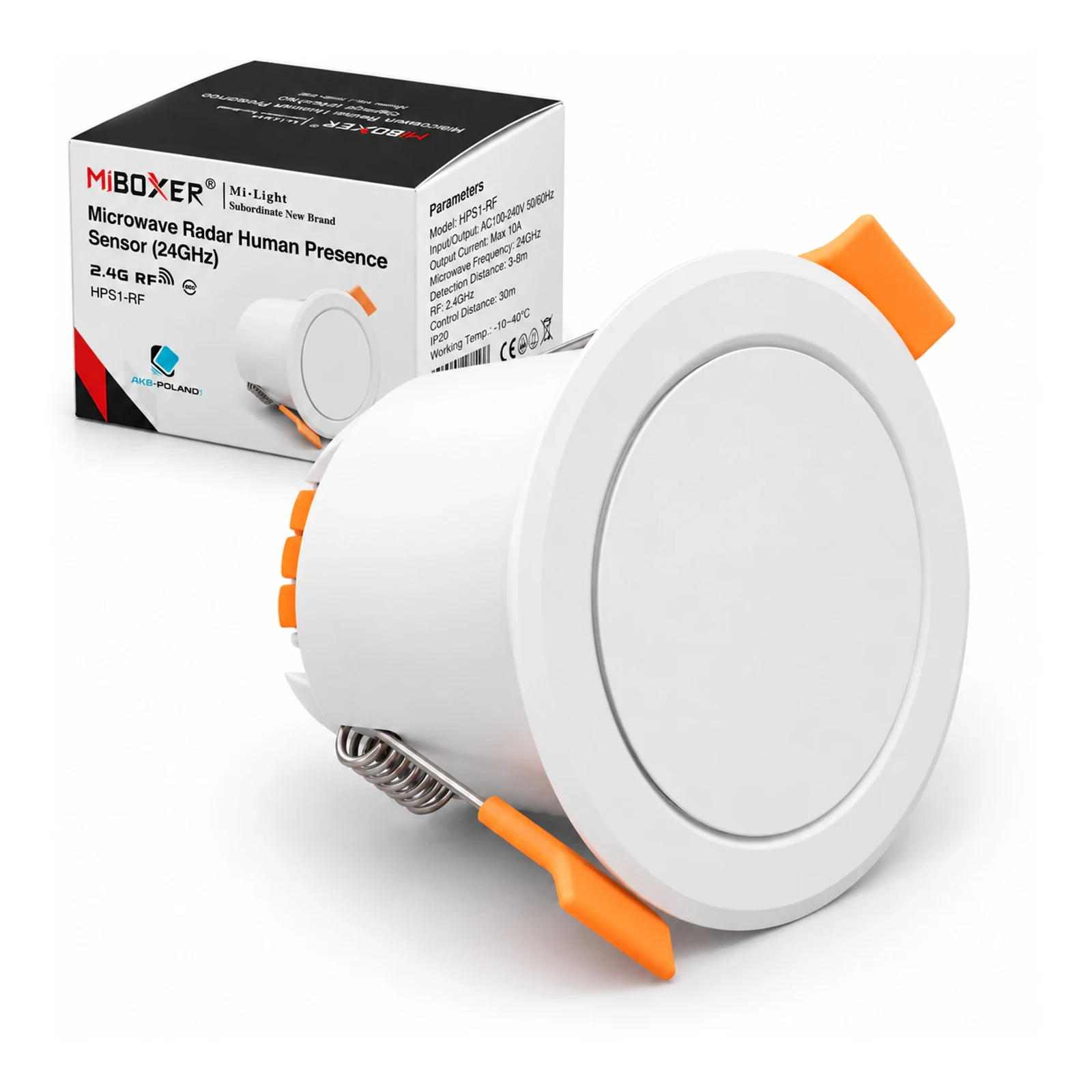 MiBoxer HPS1-RF – czujnik obecności 24 GHz, przekaźnik 10 A – produkt z opakowaniem