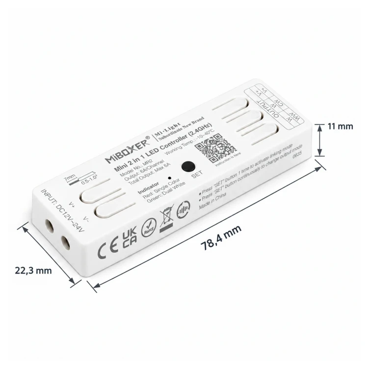Wymiary sterownika MiBoxer MR2: 78,4 × 22,3 × 11 mm