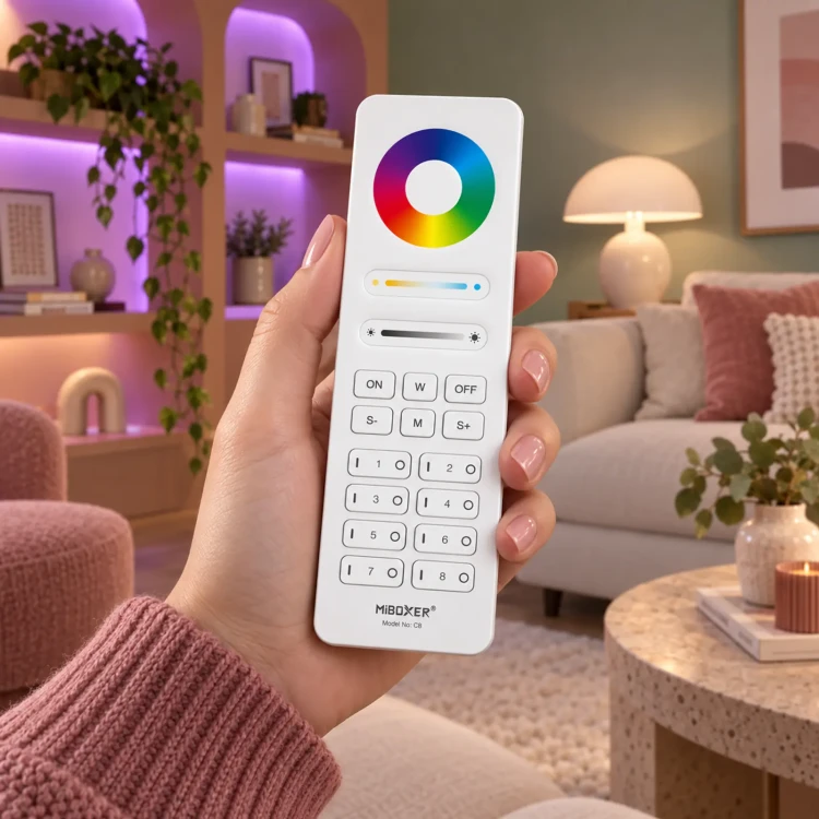 MiBoxer C8 biały – pilot w dłoni przy oświetleniu LED