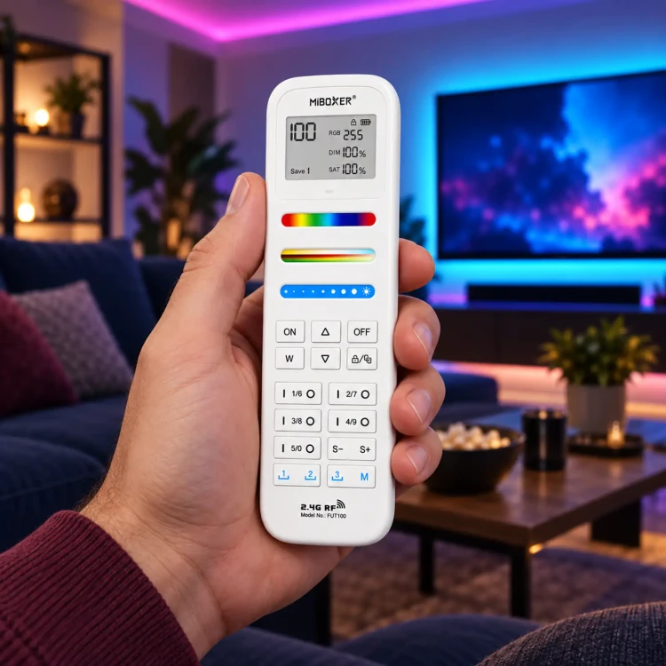 MiBoxer FUT100 biały – pilot w dłoni przy oświetleniu LED
