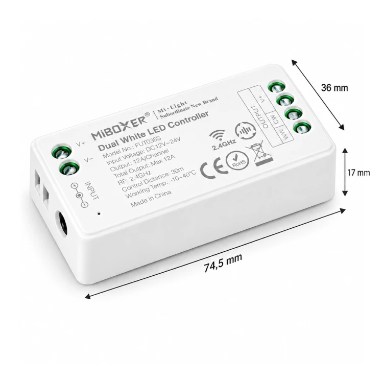 MiBoxer FUT035S – wymiary 74,5 × 36 × 17 mm