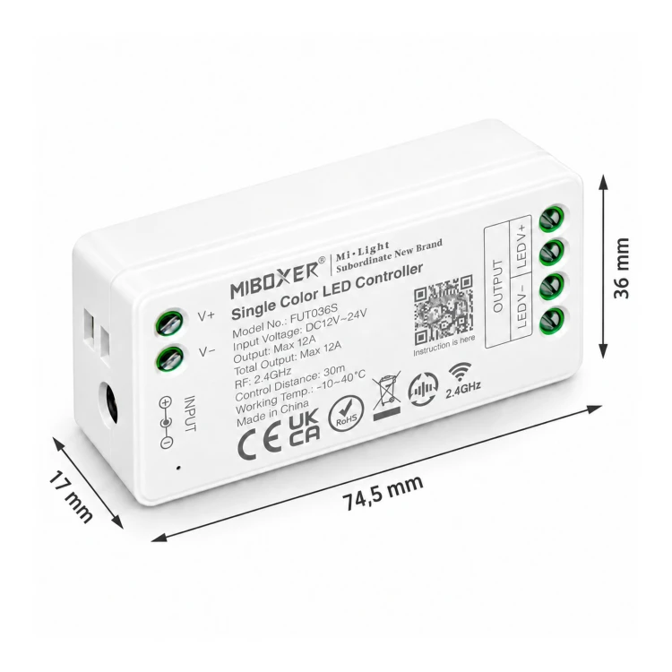 MiBoxer FUT036S – wymiary 74,5 × 36 × 17 mm