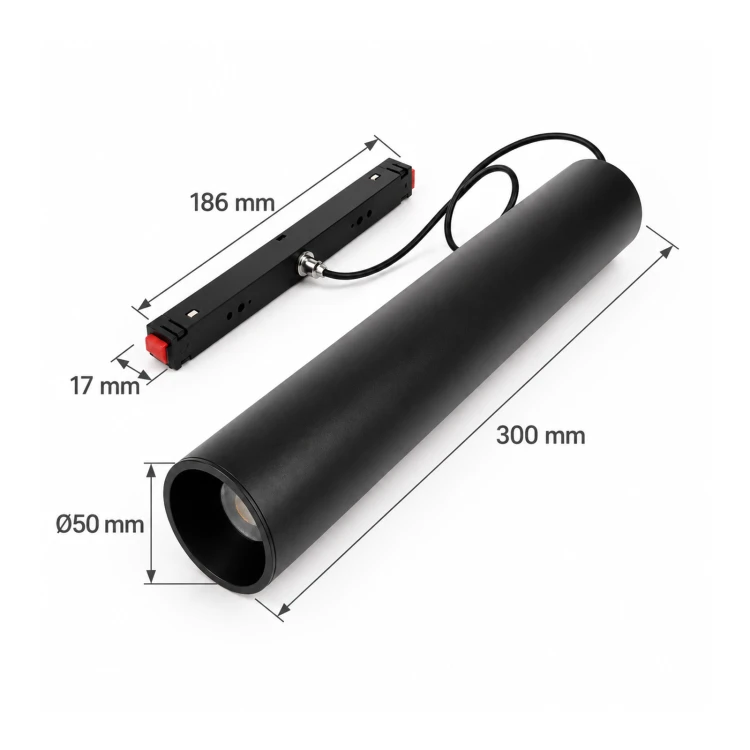 MiBoxer MC2-09B-ZR – wymiary Ø50 × 300 mm i adapter 186 mm