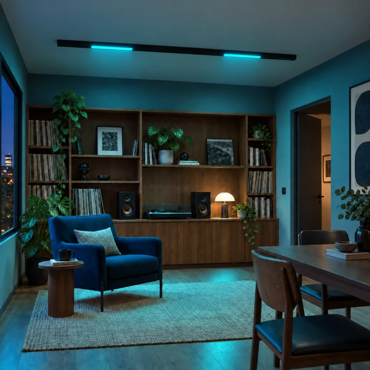 MiBoxer MF5-12A-ZL – lampa w aranżacji salonu z turkusowym światłem