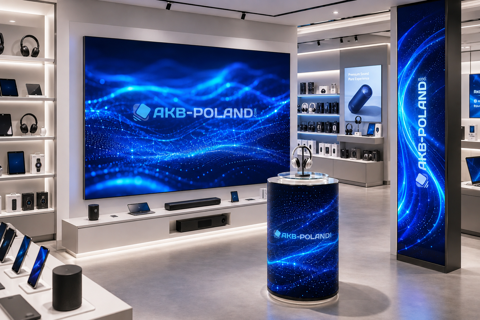Nowoczesna przestrzeń wystawowa z dużym ekranem LED, pionowym słupem LED i cylindrycznym standem produktowym LED